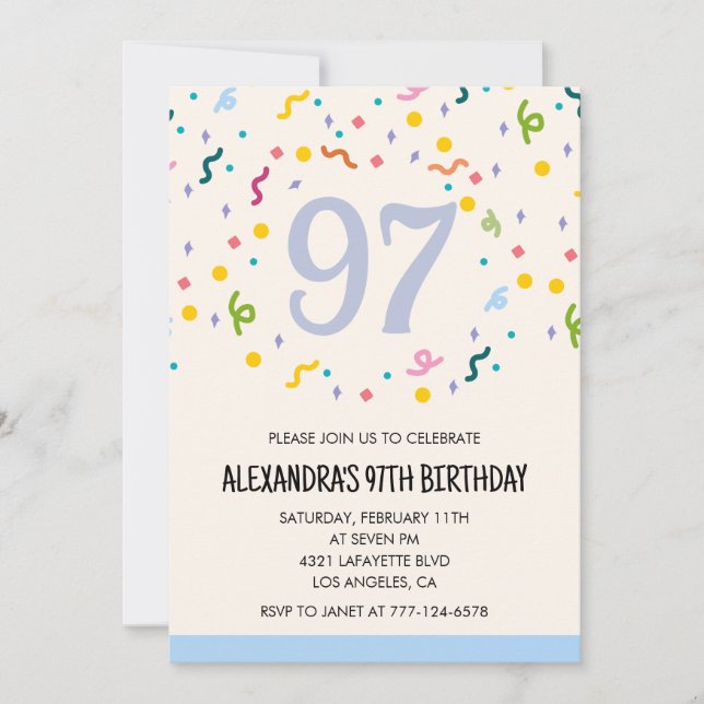 Invitations simples 97e anniversaire Confetti Mode (Devant)