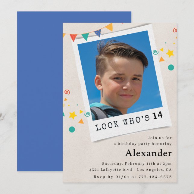 Invitations simples à 14e anniversaire Photo bleue (Devant / Derrière)