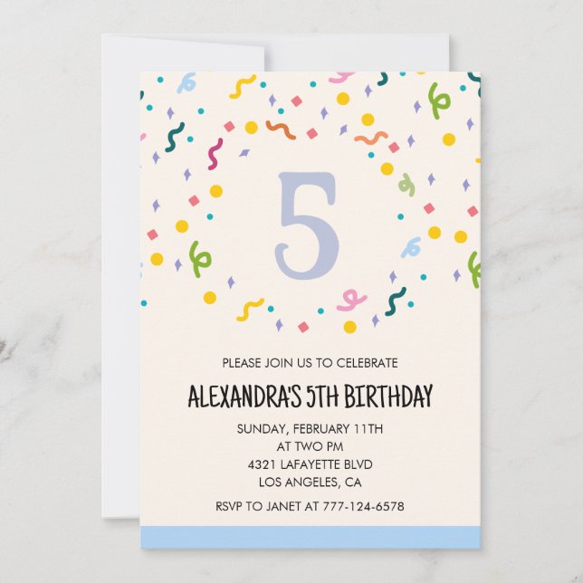 Invitations simples à 5 ans Confetti Modern (Devant)