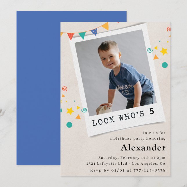 Invitations simples à 5 ans Photo bleue (Devant / Derrière)