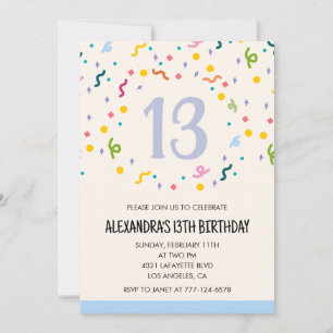 Invitations simples d'anniversaire 13 ans Confetti