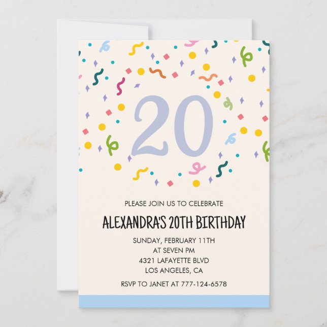 Invitations simples d'anniversaire 20 ans Confetti (Devant)
