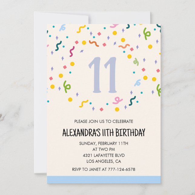 Invitations simples pour 11e anniversaire Confetti (Devant)