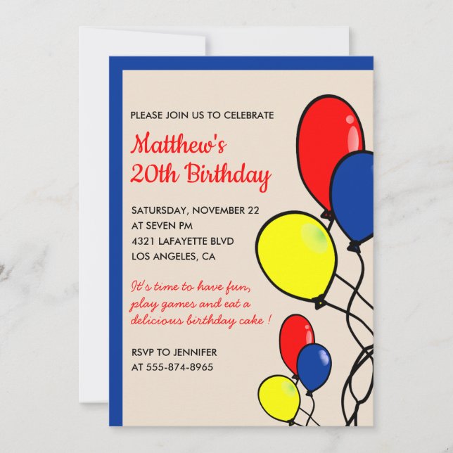 Invitations simples pour 20 ans Ballons Garçon (Devant)