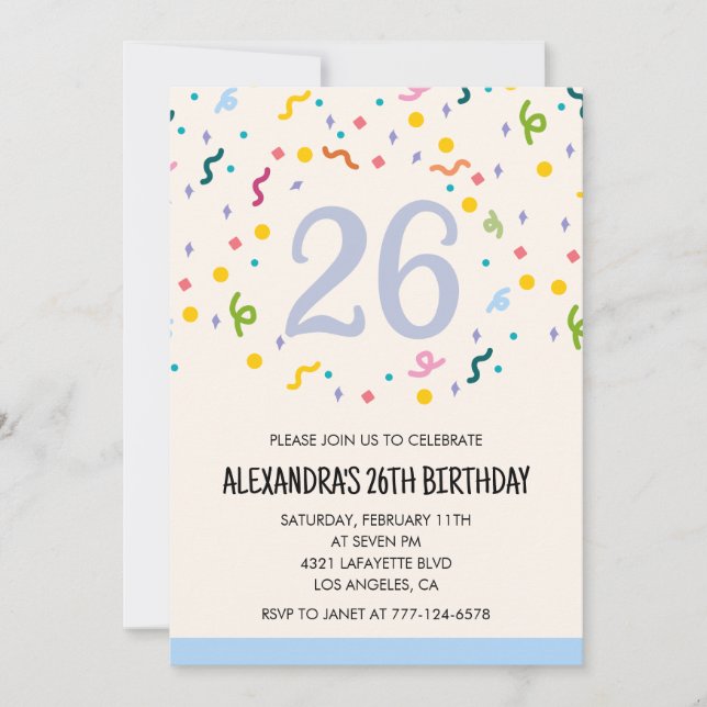 Invitations simples pour 26ème anniversaire Confet (Devant)