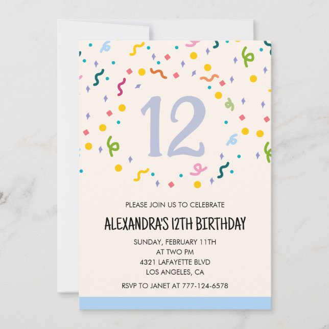 Invitations simples pour un 12e anniversaire Confe (Devant)
