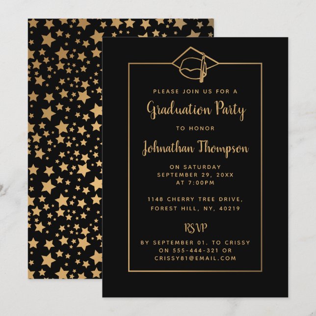 Invitations stylish Black & Gold Graduation Party (Devant / Derrière)