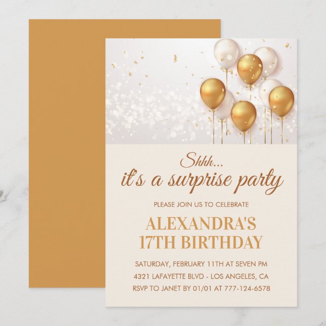 Invitations Surprise 17e anniversaire Gold (Devant / Derrière)