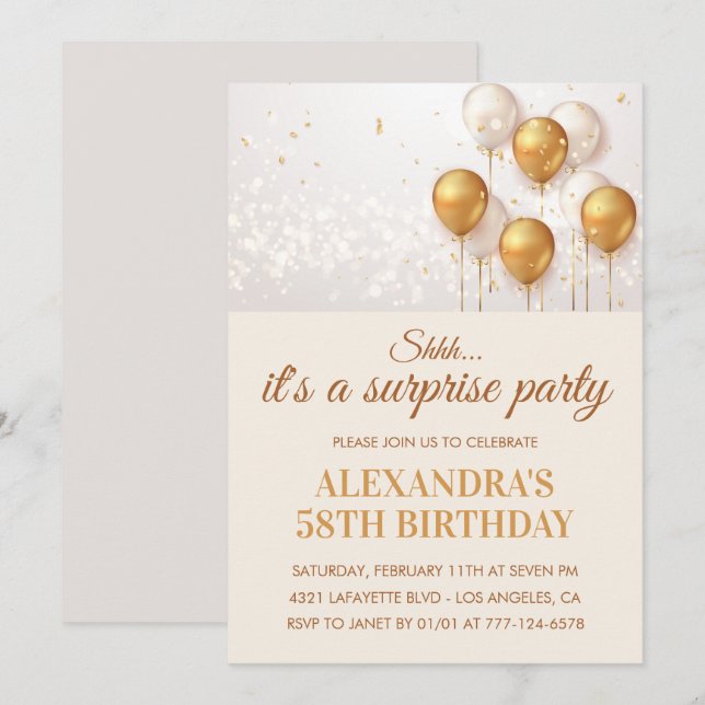Invitations Surprise 58e anniversaire Gold (Devant / Derrière)