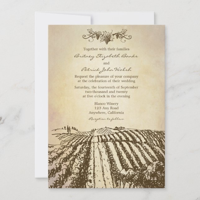 Invitations toscanes Brown de mariage de vignoble (Devant)