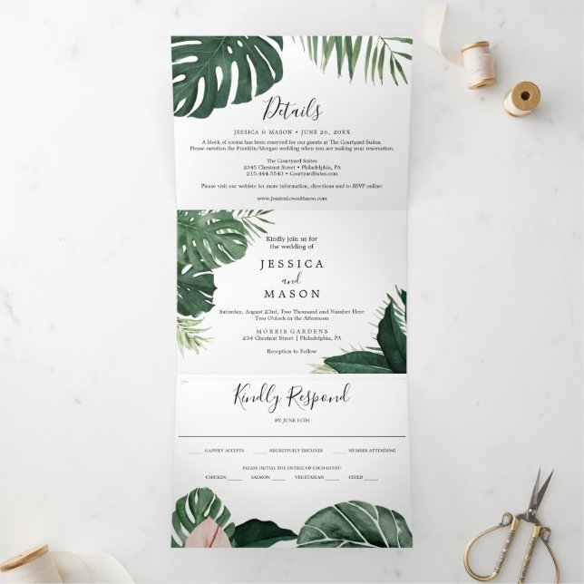 Invitations Tropical Monstera Mariage Tri-Fold (Intérieur)