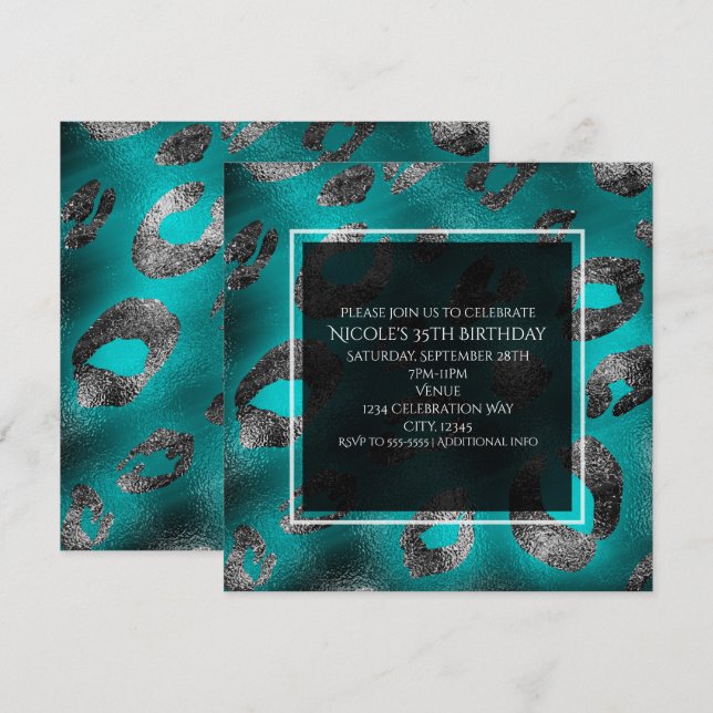 Invitations turquoise & Silver Empreinte de léopar (Devant / Derrière)