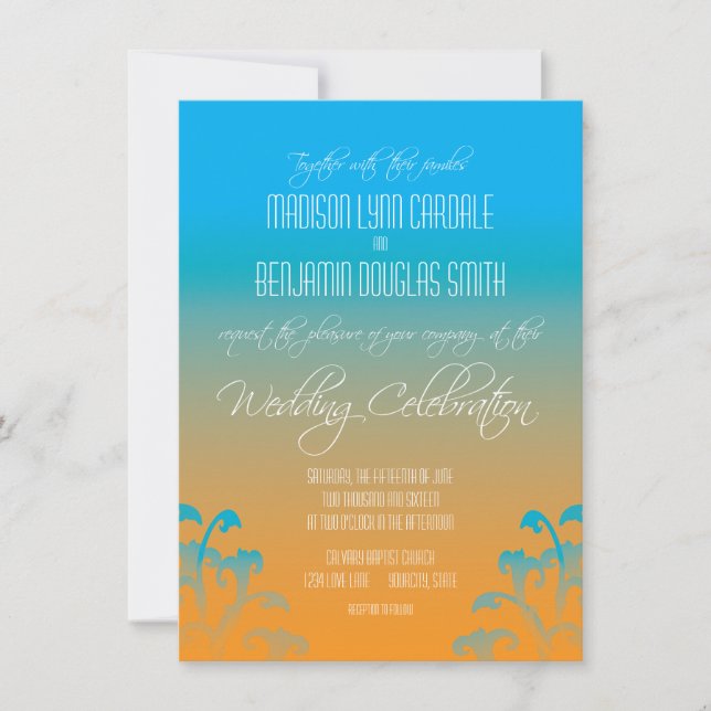 Invitations Turquoises de mariage orangé (Devant)