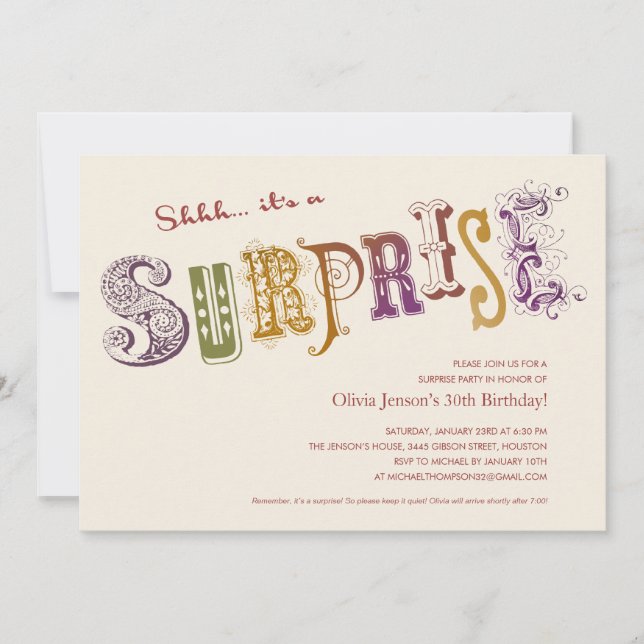 Invitations uniques de fêtes surprises (Devant)