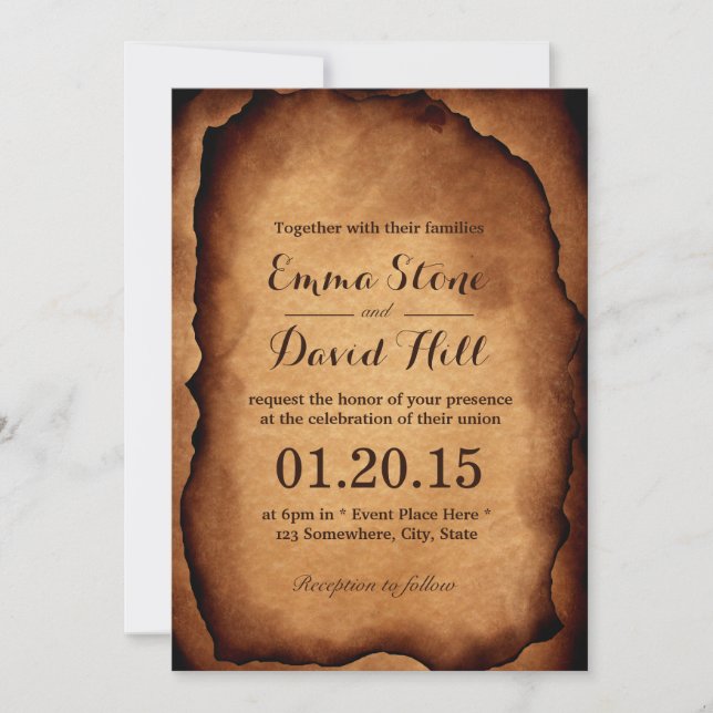 Invitations vintage Vieux Brûlé Papier Mariage (Devant)