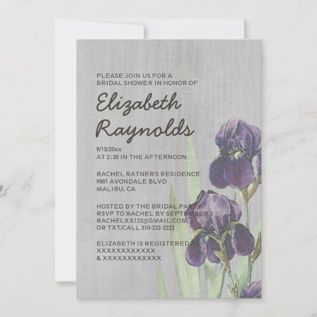 Invitations Vintages de douches nuptiales Iris (Devant)