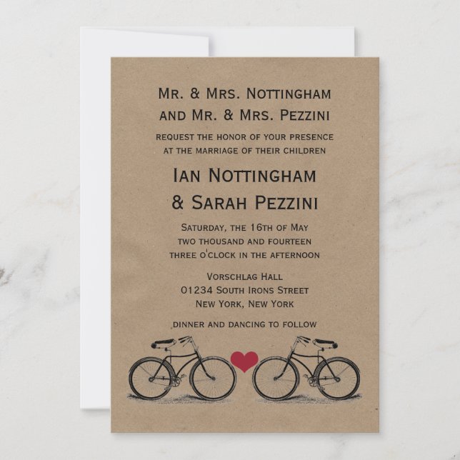 Invitations Vintages de mariage à bicyclette (Devant)