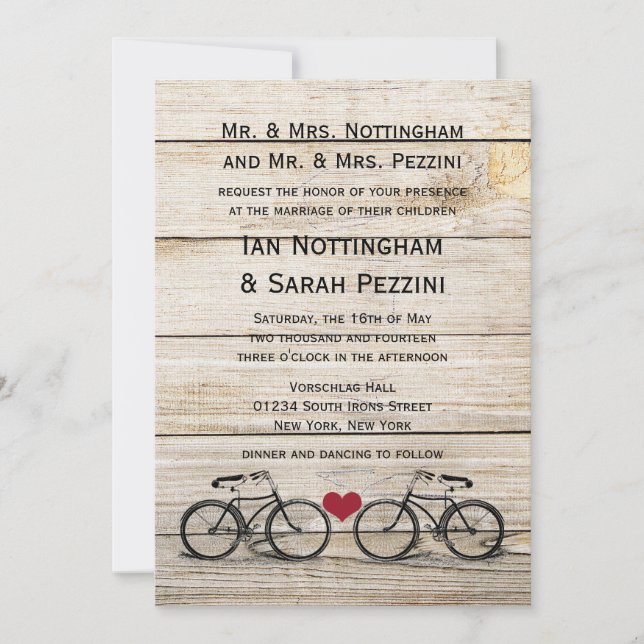 Invitations vintages de mariage de bicyclette (Devant)