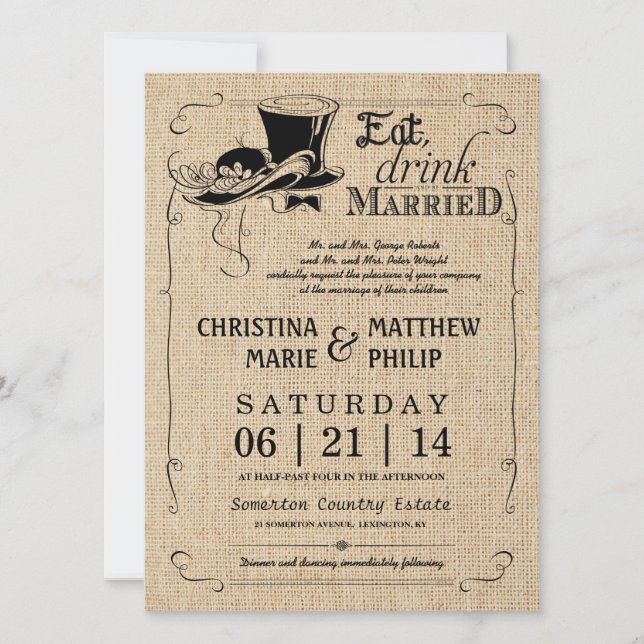 Invitations vintages de mariage de casquette (Devant)