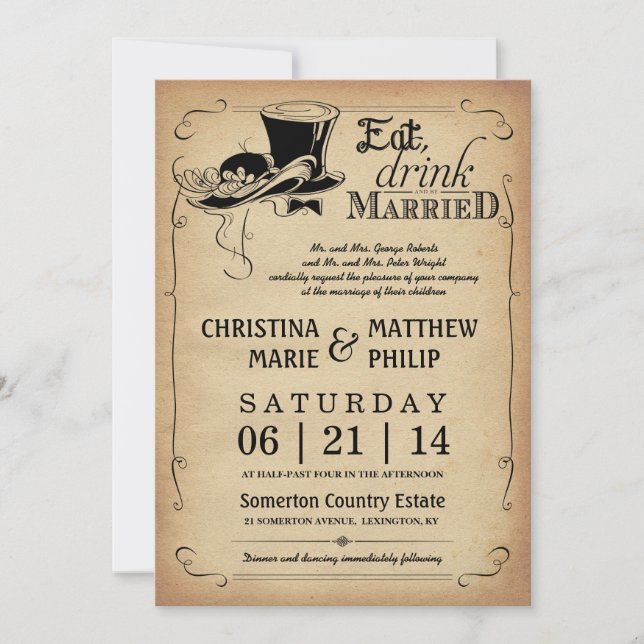 Invitations vintages de mariage de casquette (Devant)