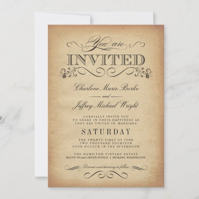 Invitations vintages élégantes de mariage de (Devant)