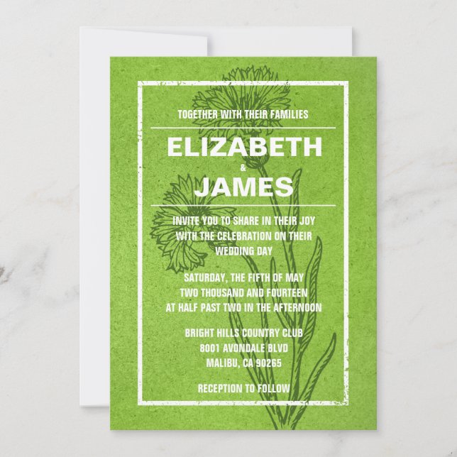 Invitations vintages rustiques de mariage de vert (Devant)