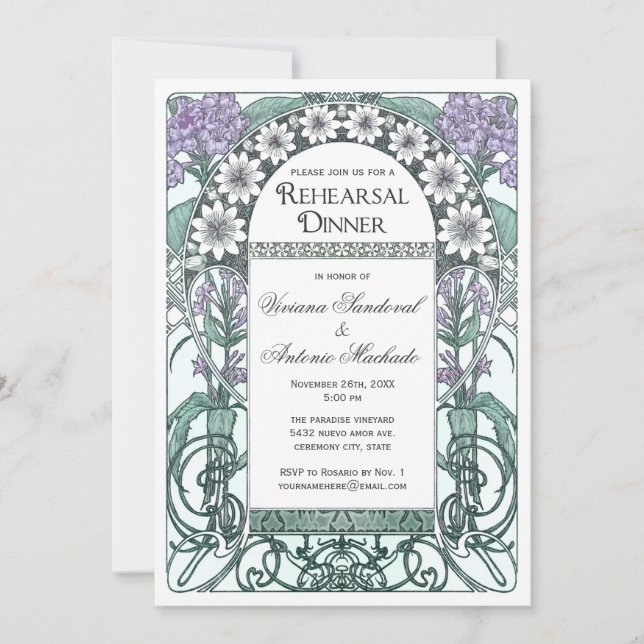 Invitations violettes vertes de dîner de (Devant)