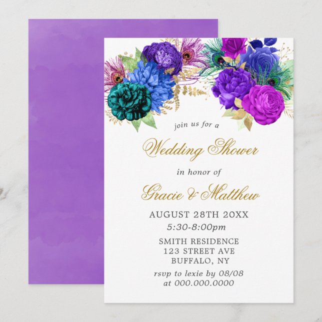 Invitations Wedding showers de luxe Fiesta Peacock (Devant / Derrière)