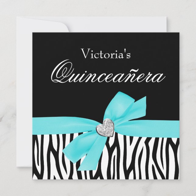 Invitations Zebra Turquoise Bow Diamond Quinceaner (Devant)