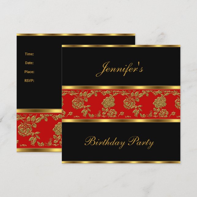 Invite Birthday Party Floral Gold Black Red Asian (Front/Back)