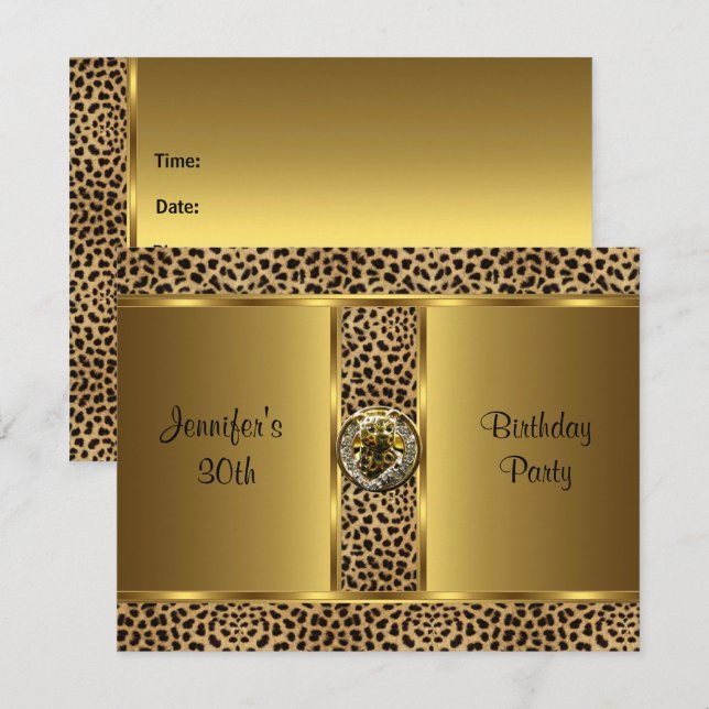 Invite Birthday Party Gold Exotic Wild Leopard 5 (Front/Back)
