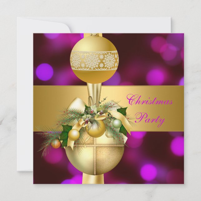 Invite Christmas Party Gold Balls Purple Pink (Front)