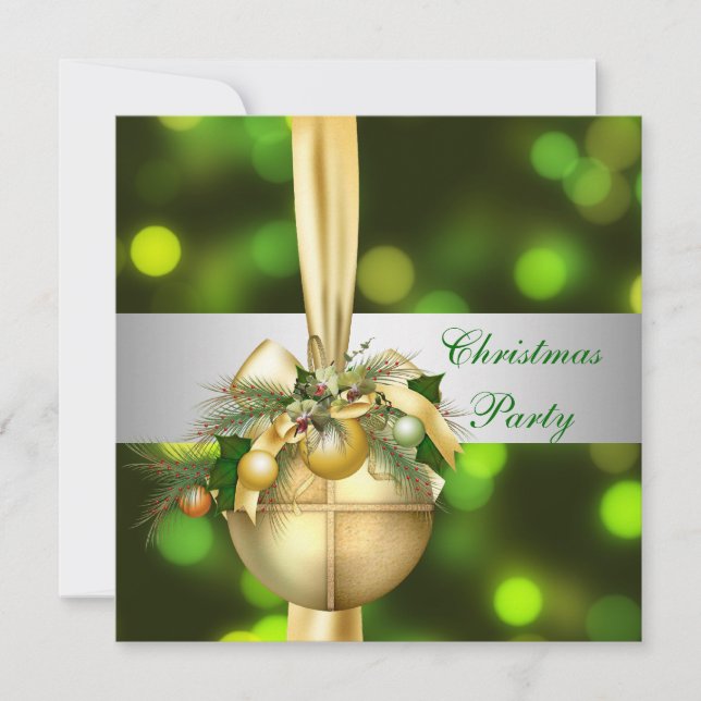 Invite Christmas Party Gold Yellow Green Balls (Front)