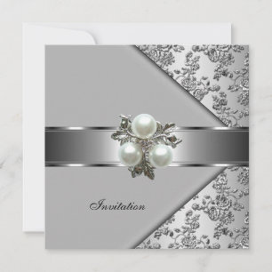 Invite Elegant Classy Pearl Jewel Silver Floral
