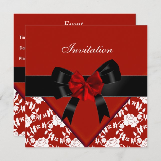 Invite Elegant Classy Red Black White Floral Bow (Front/Back)