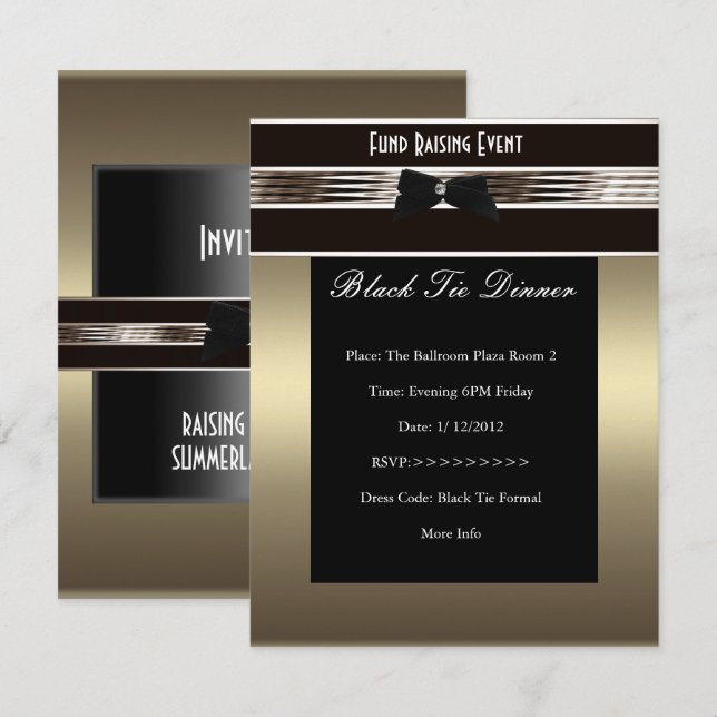 Invite Fundraiser Formal Black Tie Bronze Pewter (Front/Back)