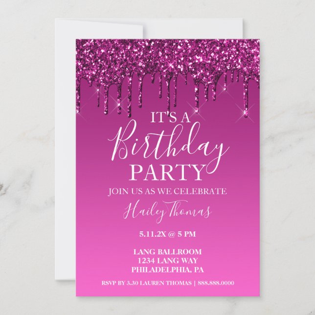 Invite - Hot Pink Glitter Drip Birthday (Front)