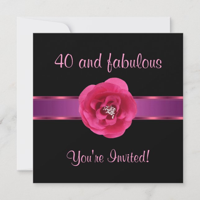 Invite Party Black Pink Flower Fabulous 40th (Front)