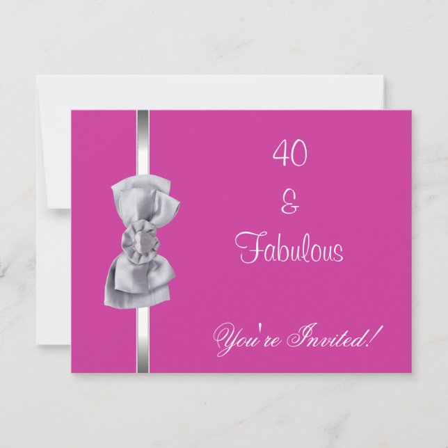Invite Party Silver Bow Fabulous 40th Pink (Front)