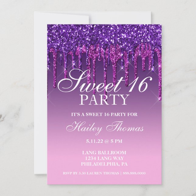 Invite - Purple & Pink Glitter Drip Sweet Sixteen (Front)