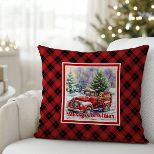 Inviting red truck winter scene rustic holiday throw pillow