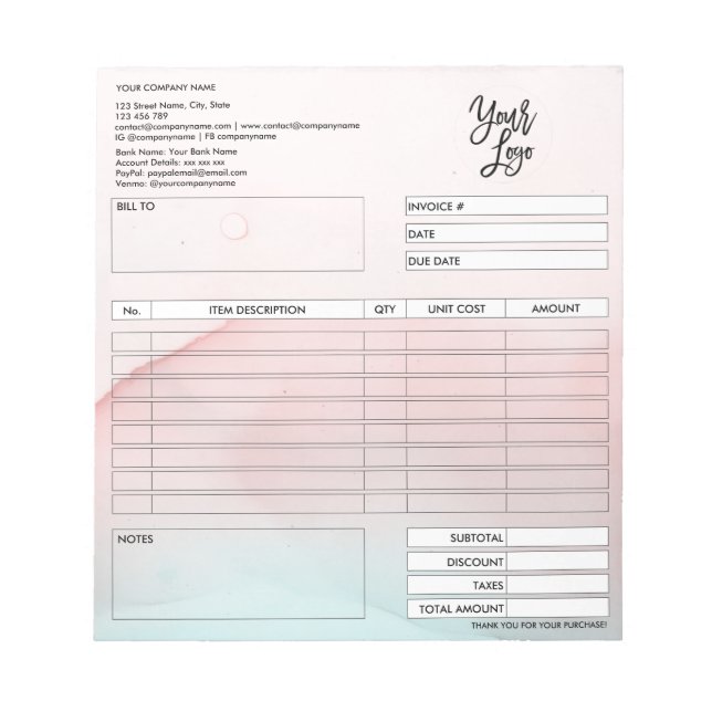 Invoice Form Business Quotation Add Logo Notepad (Front)