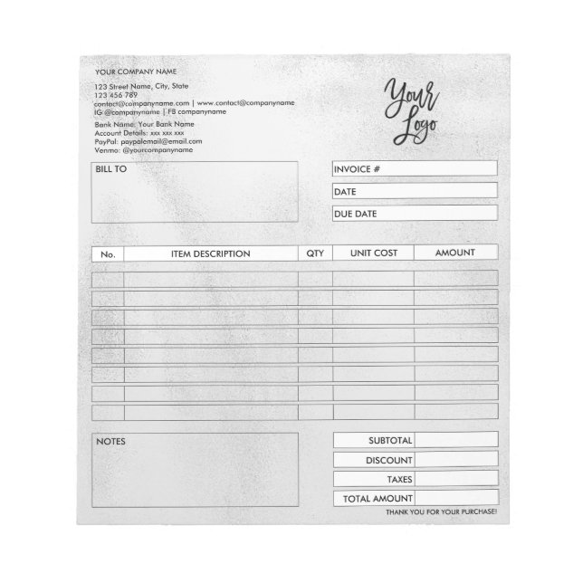 Invoice Form Business Quotation Add Logo Notepad (Front)