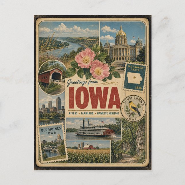Iowa Authentic Vintage Style Postcard (Front)