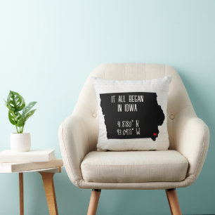 Iowa GPS Coordinates with Heart Throw Pillow