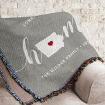 Iowa Home State Personalized Throw Blanket<br><div class="desc">Show some home state pride with this cute rustic grey throw blanket featuring "home" in white calligraphy script lettering with a silhouette map of the state of Iowa standing in for the letter "O." A red heart illustration inside the state map completes the design; you can change the position of...</div>