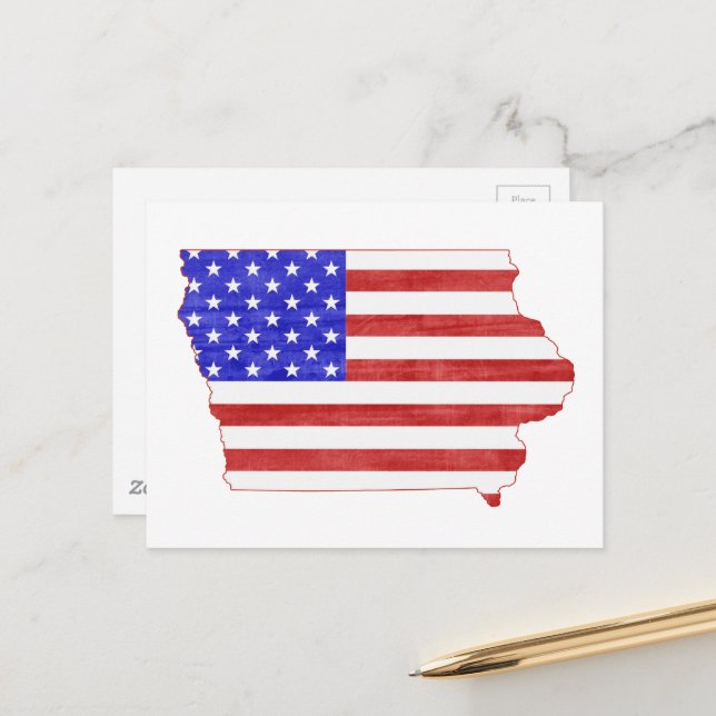 Iowa Map Shaped Patriotic Hawkeye American Flag Postcard (Front/Back In Situ)