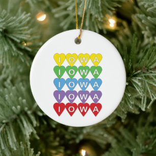 Iowa Rainbow Heart Grid State Pride Design Ceramic Ornament