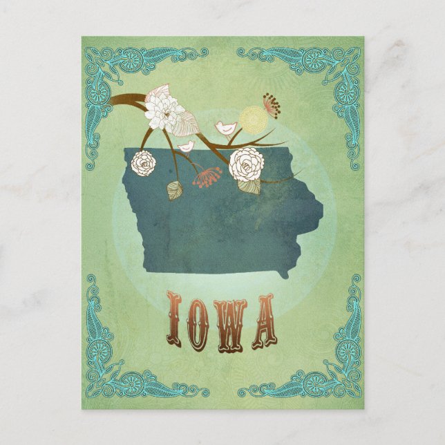 Iowa Vintage State Map – Green Postcard (Front)