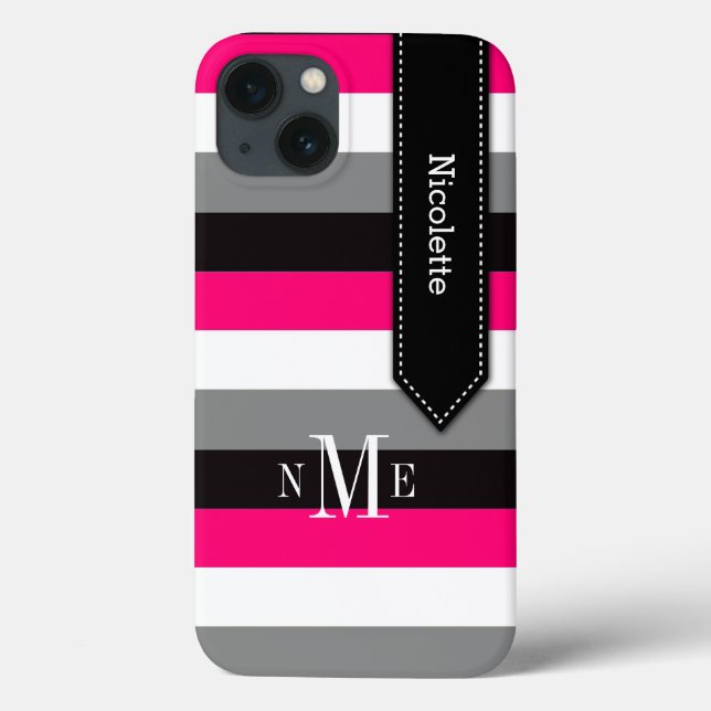 iPad Mini Case | Stripes | Fuchsia Grey Black (Back)